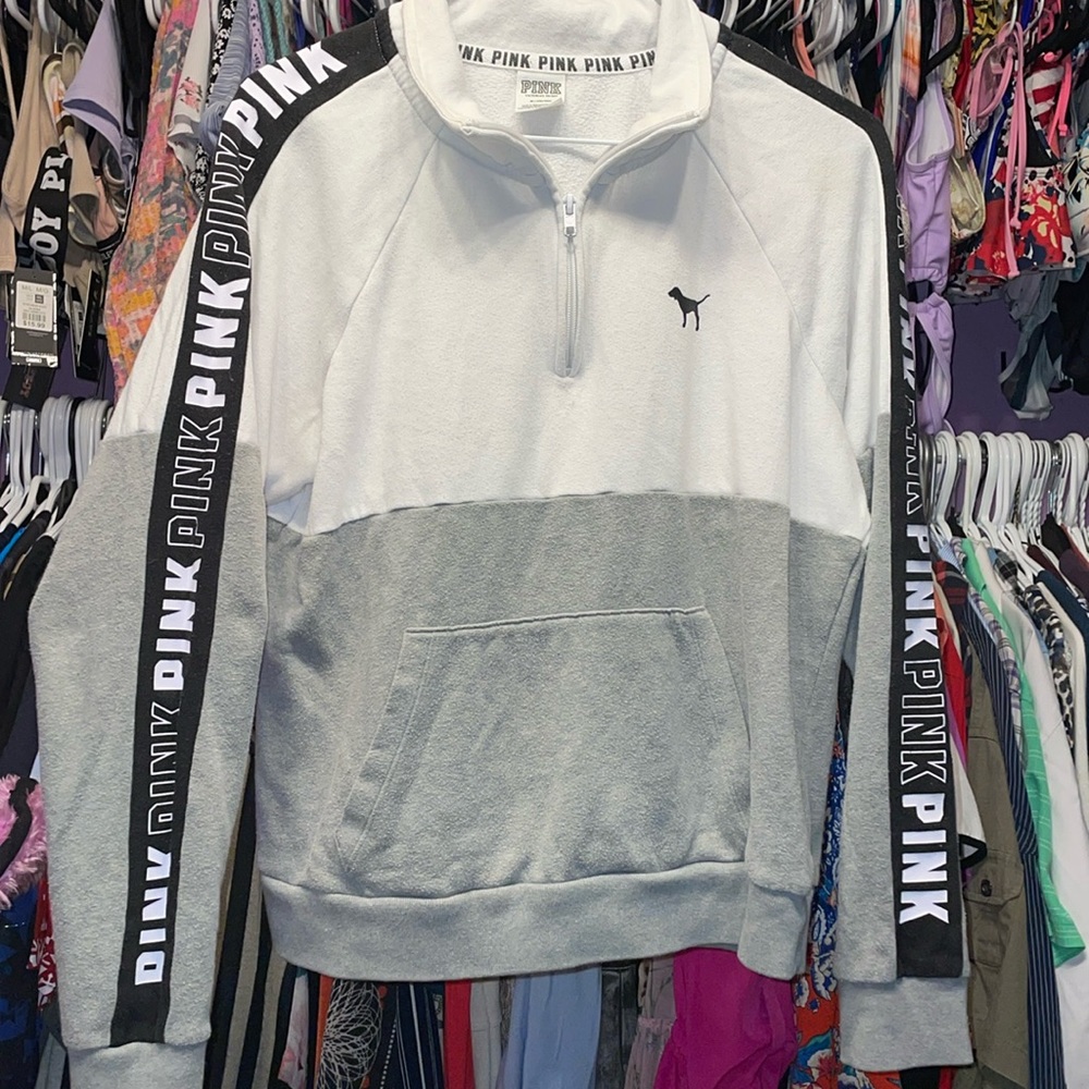 PINK white Gray Victoria secrets sweater pull over zip top very comfy size MED